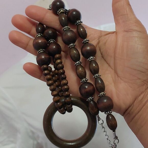 Dark Brown Polished Wood Bead Statement Necklace - Picture 6 of 6